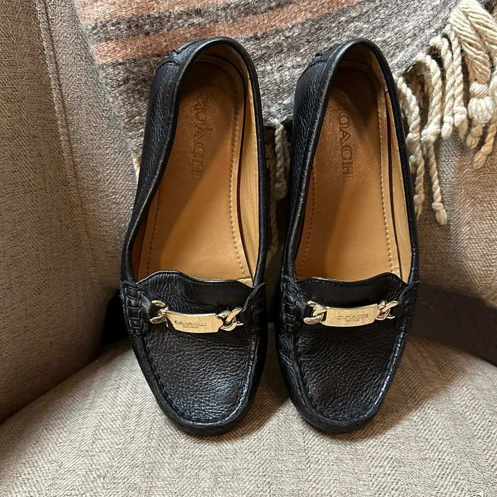 Coach Black Leather Moccasin Loafers with Gold Hardware